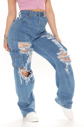 Can't Be Knocked Down Cargo Boyfriend Jeans - Medium Blue Wash Ins Street
